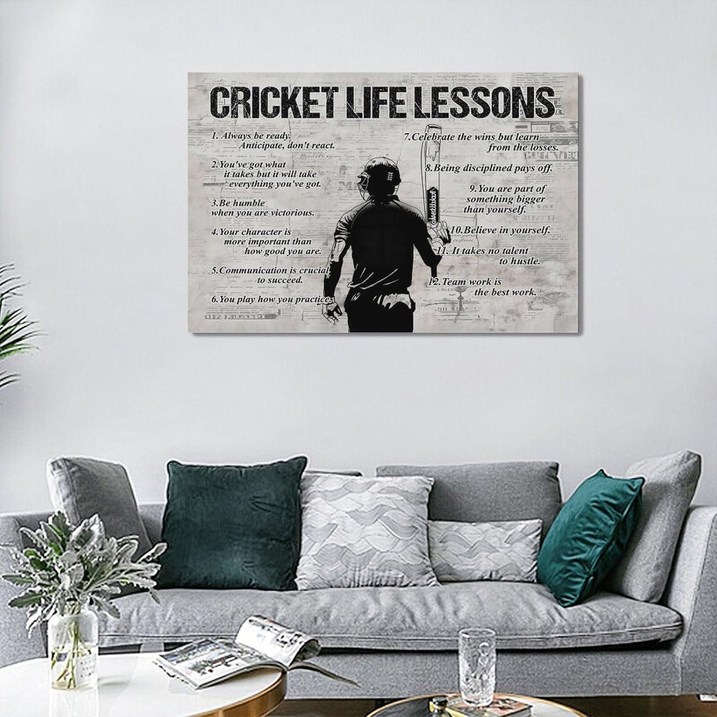 Gyeong Cricket Sports Wall Art Cricket Life Lessons Wall Decor Cricket Sign Retro Poster Boy Men Room Motivational Decorations Canvas Print Painting Artwork for Bedroom Bathroom Living Room 24"x16"