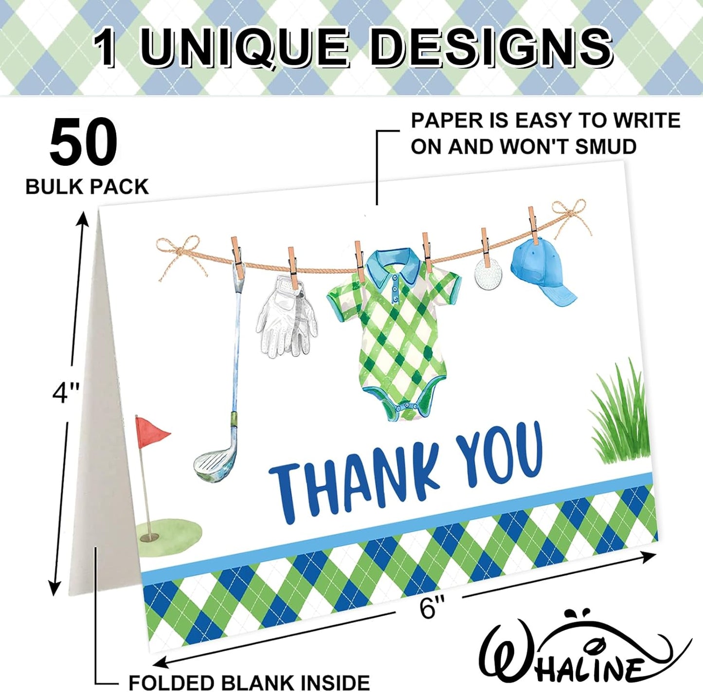Whaline 50 Pack Golf Baby Shower Thank You Cards Greeting Card with Envelopes Stickers Blue Green Golf Ball Club Glove Hat Cloth Blank Note Card for Birthday Sport Party, 4 x 6 Inch