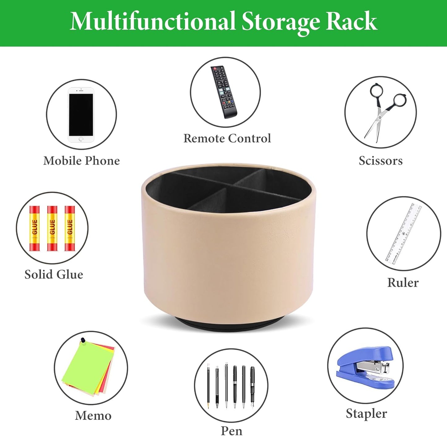 Hennaja Round Leather Art Supply Organizer,Remote Control Holder,360 Degree Spinning,Multi-Functional Pencil Holder,4 Compartments Desktop Stationary Organizer(1-Oil Apricot)