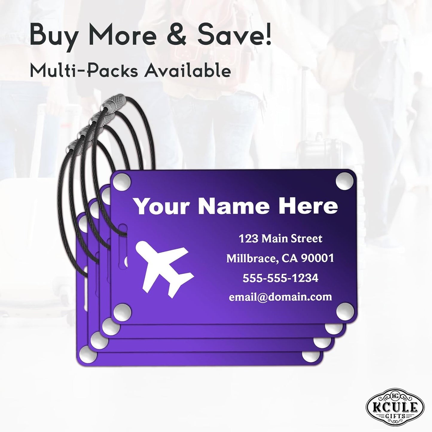 Personalized Luggage Tags: Custom Metal Luggage Tags for Suitcases, Backpacks and Bags with Your Personalized Text (Purple)