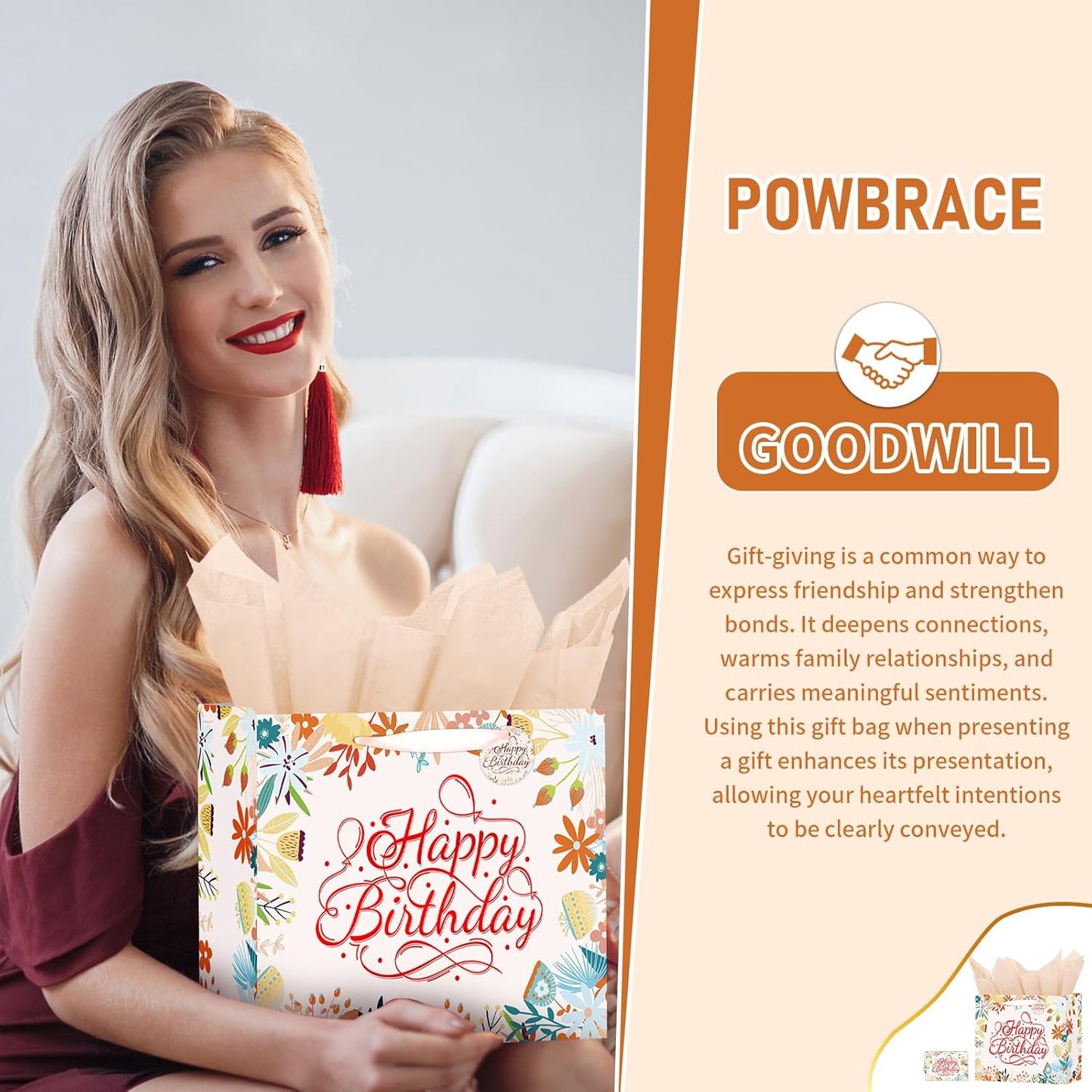 13" White Happy Birthday Gift Bag with Tissue Paper and Greeting Card for Patry, Happy Birthday Gift Bag for Women, Gift Bags Medium size(1 PCS Flower Gifts Bag)