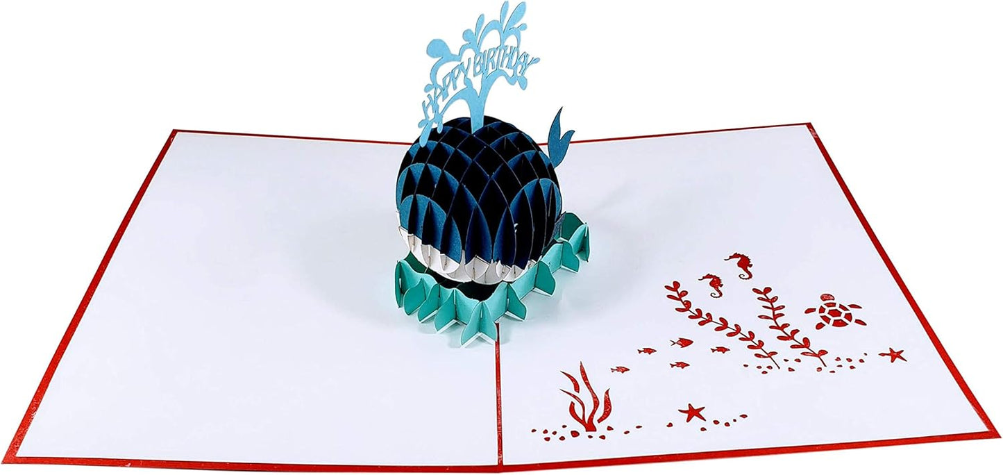 iGifts And Cards Blue Whale Happy Birthday 3D Pop Up Greeting Card - Blowhole, Huge, Fun, Mammals, Ocean, Half-Fold, Birthday, Special Days, Congratulations, For Friendship, Husband, Wife, Mom, Dad