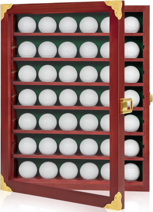 Golf Ball Display Case, Solid Wood Golf Ball Holder, Wall Mounted Golf Ball Rack with Acrylic Door for Golf Enthusiasts (Mahogany, for 42 Golf Balls)