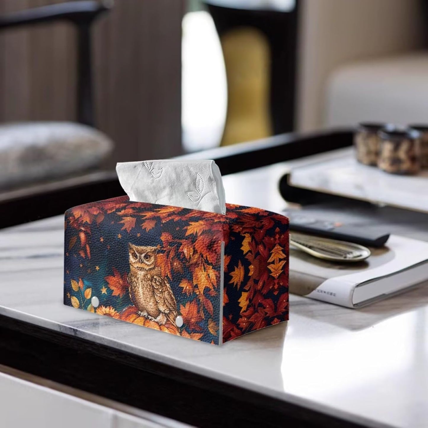 Thanksgiving Tissue Box Cover Fall Leaf & Owl Tissue Cover PU Leather Facial Paper Organizer with Bottom Belt Napkin Holder Holiday Decor for Home, Tabletop, Night Stands