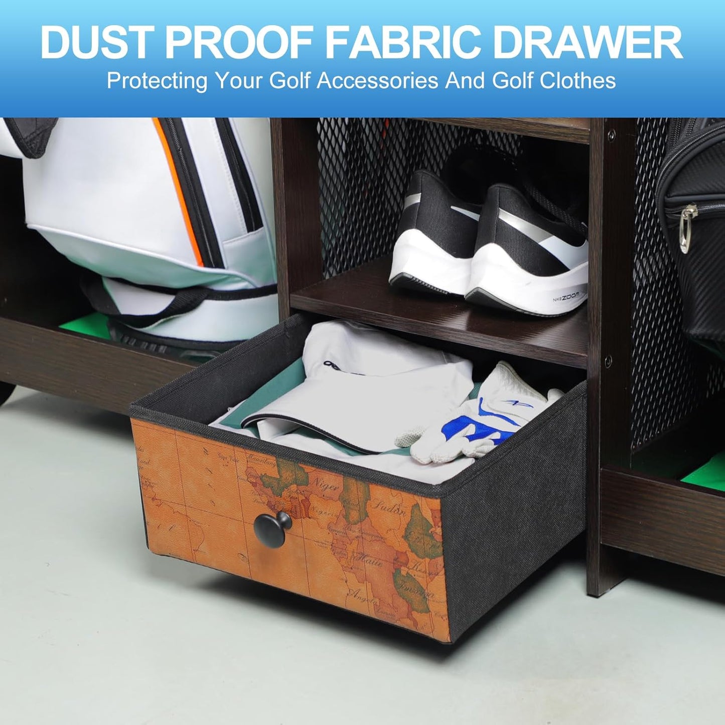 Golf Bag Storage Organizer for Garage, Premium Wooden 2 Golf Bags Rack with Drawer, Easy Assemble Golf Club Stand/Holder Suitable for Garage Home Simulator and Office