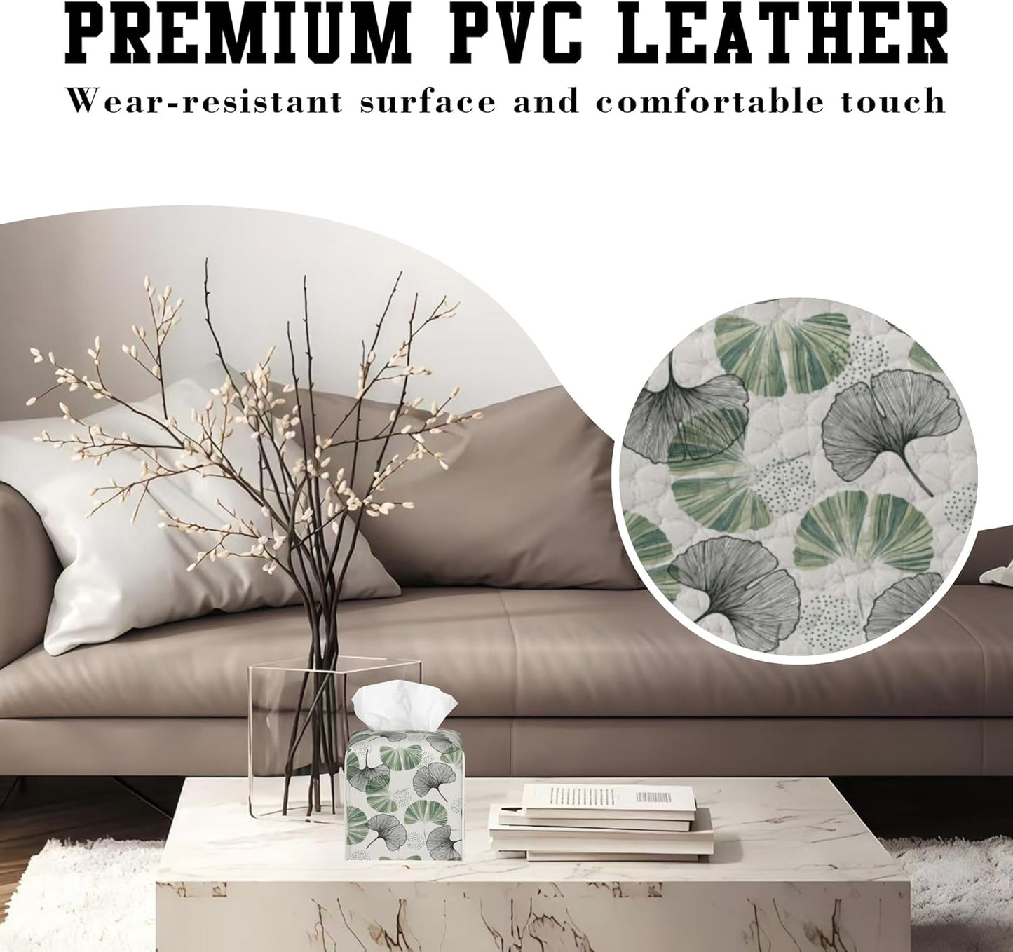 Gingko Leaf Tissue Box Cover Square, Green Leaves Tissue Box Holder Leather Facial Paper Case Decorative Organizer Holder Dispenser Home Office Car Decor