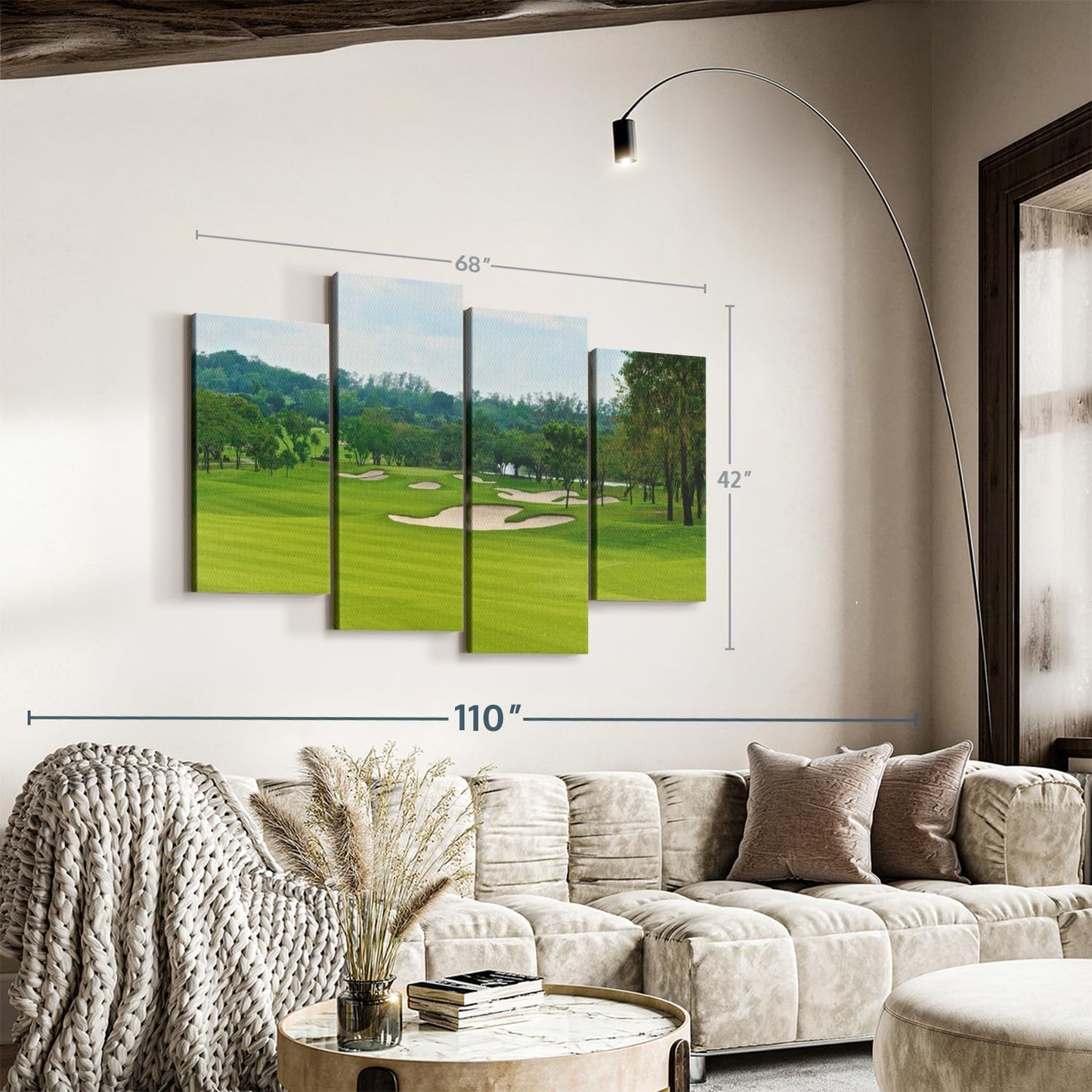 Elephant Stock Beautiful Golf Course Wall Art - Horizontal Canvas - 4-Piece Living Room Wall Decor - Tree Photography Canvas Print - Green and Blue Decor for Wall - 68" X 42"