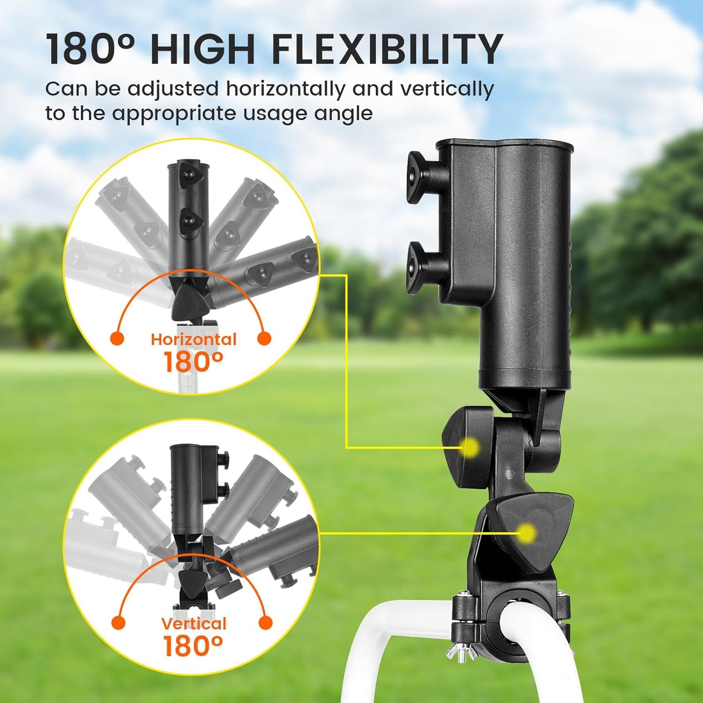 Golf Push Cart Umbrella Holder - Heavy-Duty Umbrella Stand with Double Knob, 180 Degrees Adjustable, Universal Strong Windproof Umbrella Holder for Mobility Scooter/Stroller/Wheelchair/Beach Chair