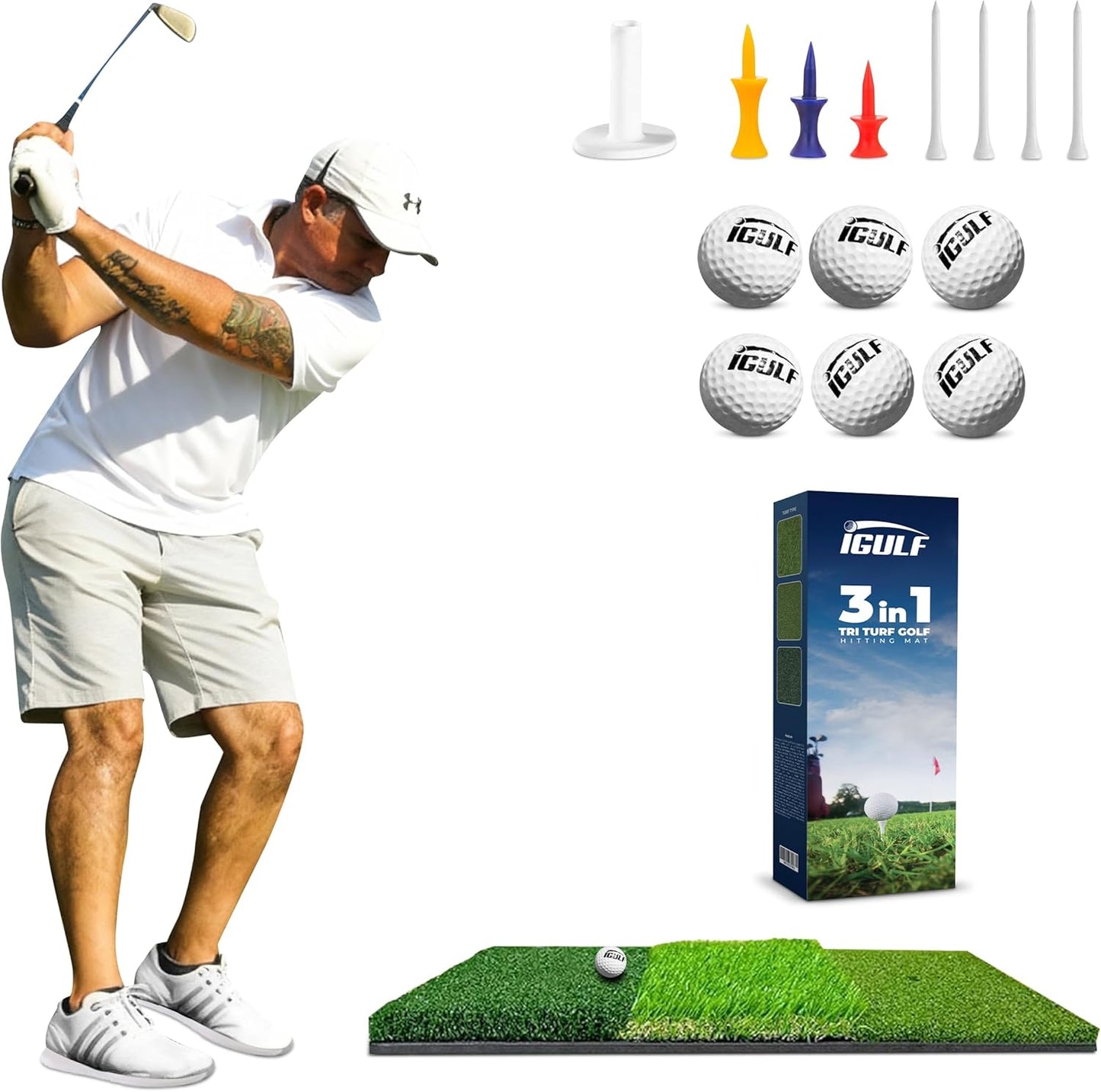 24" x 24" Tri-Turf 3 in 1 Golf Hitting Mat Indoor Outdoor Practice & Training Aid with Real Turf Feel, Non-Slip Rubber Base, EVA Cushion, Real Tee Support, Foam Balls & Tees Included for Driving Range
