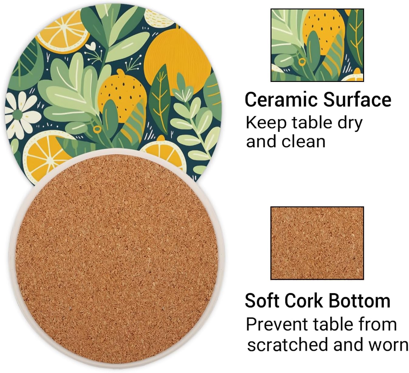 Ceramic Coasters for Drinks with Cork Back, Citrus Greenery 4 Inch Absorbent Coaster Set 1 Pack, Quick Dry Non-Slip Coaster Mats for Home, Office, Bar