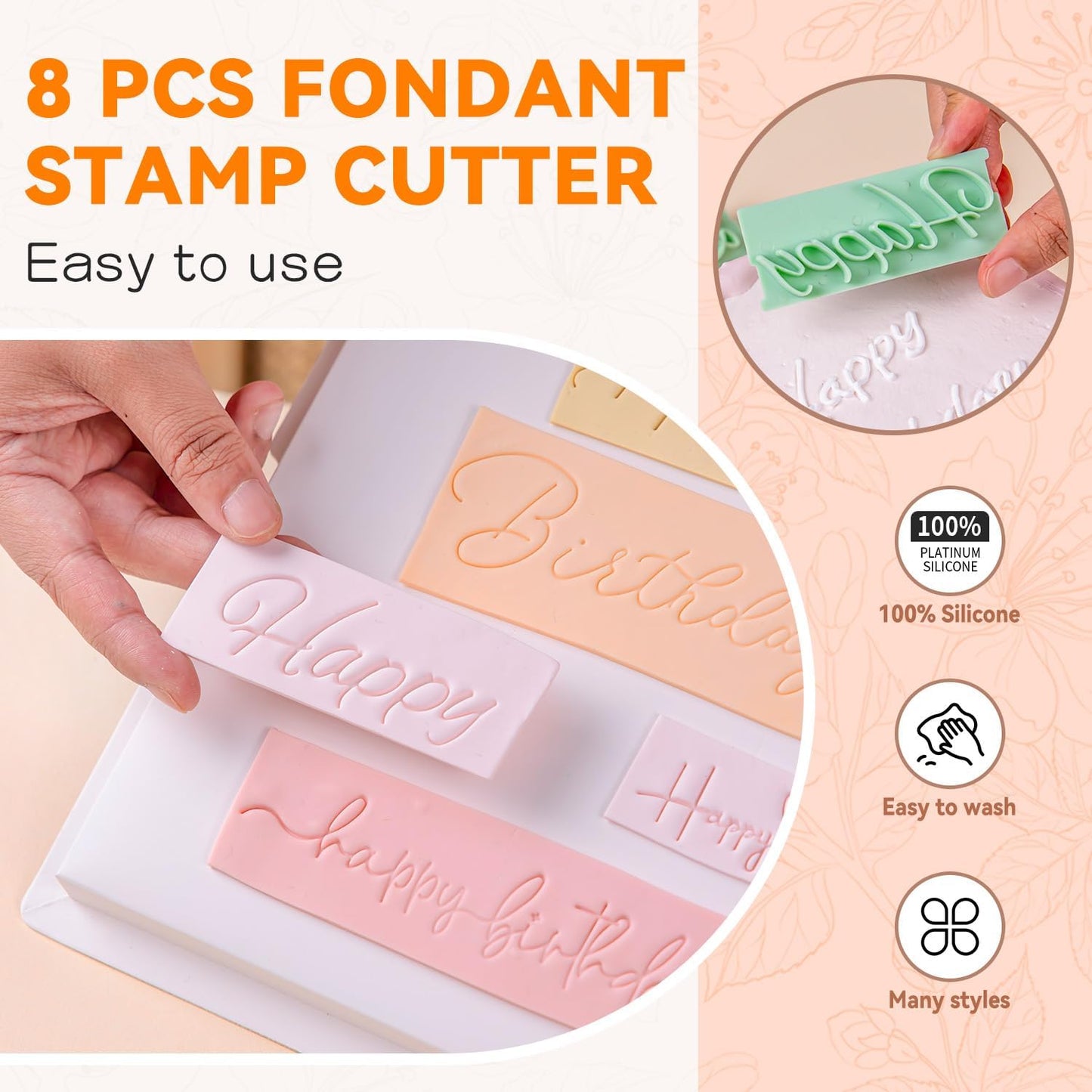 KALAIEN 8Pcs Happy Birthday Fondant Stamp,Custom Cookie Stamp, Happy Birthday Letters Embosser for Cake,DIY Cake Decorating Printing