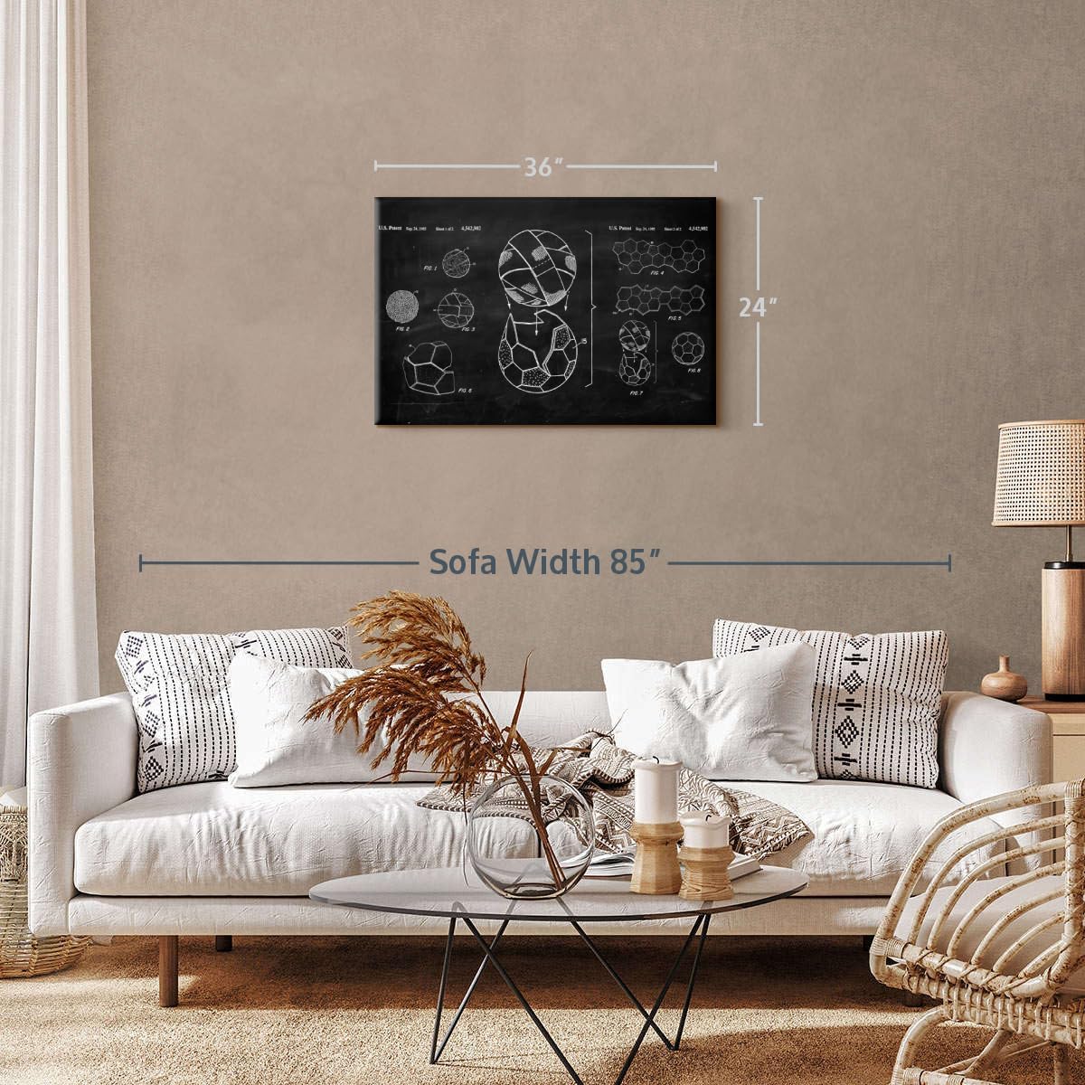 ElephantStock Soccer Ball BW Patent Canvas - 1 Panel Sports Patent Wall Art Decor - Sports Decorations for Boys Room - Wall Art and Office Decor - 36" X 24"