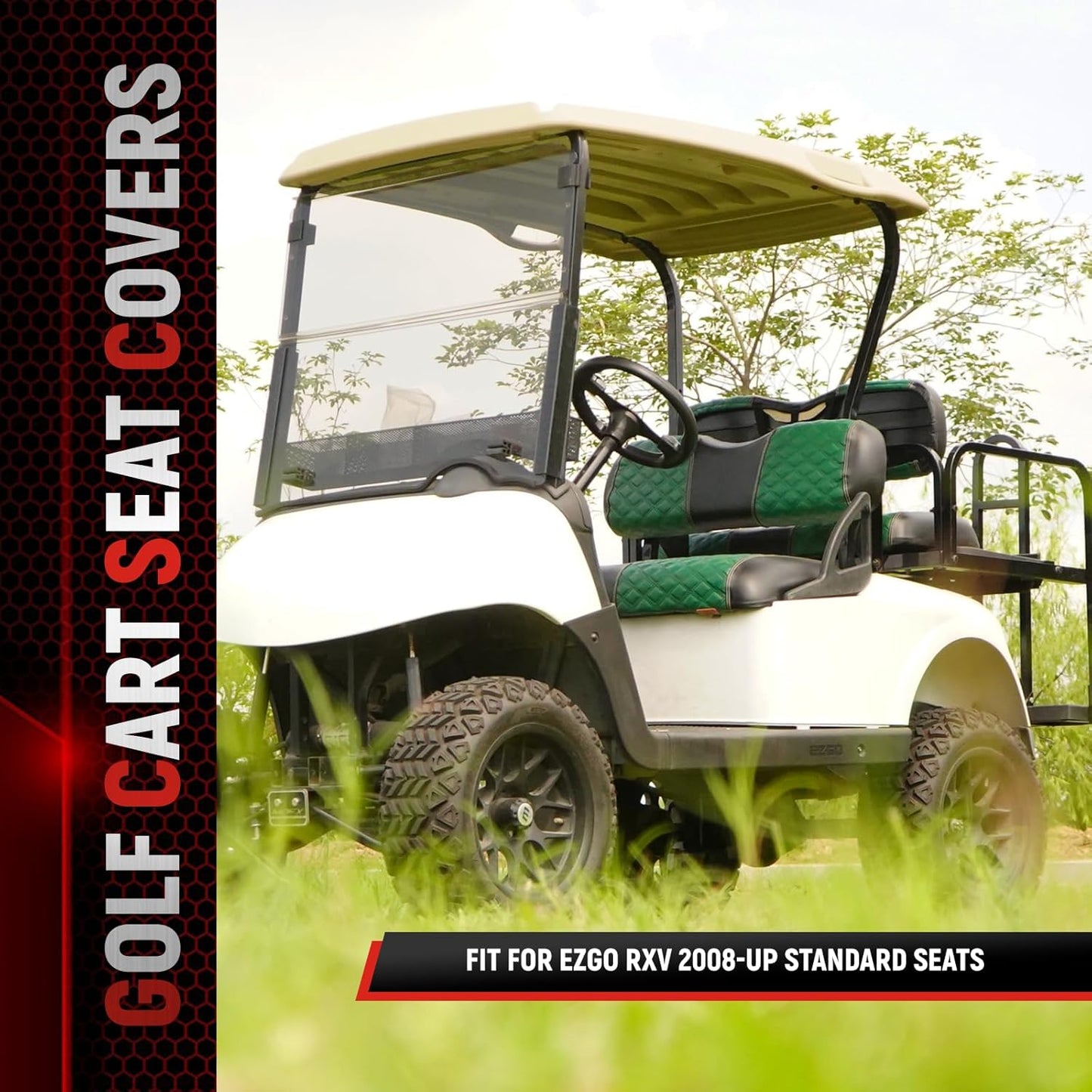 Golf Cart Seat Covers for EZGO RXV 2008 Up Front OEM Universal Seat Cushion, Marine Grade Vinyl Leather EZGO RXV Seat Covers/Easy to Install-Green (2PCS)