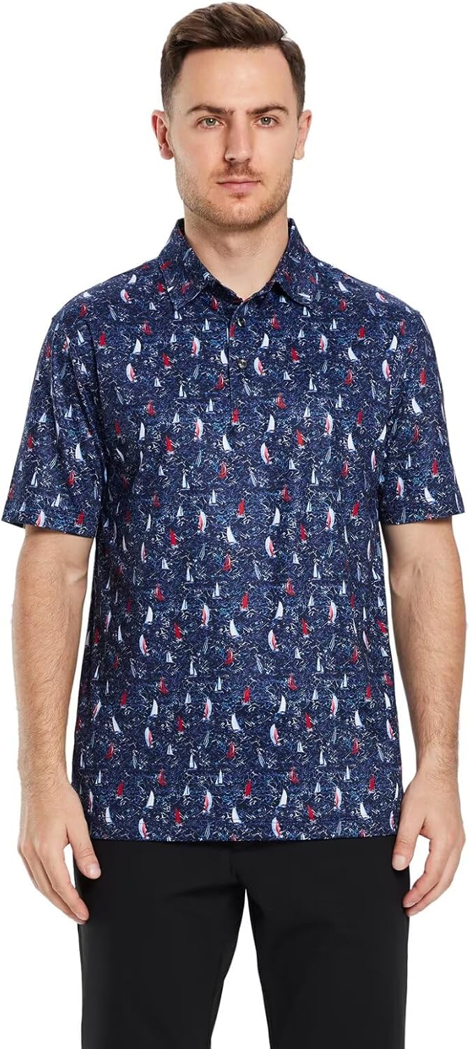 Golf Shirts for Men Dry Fit Short Sleeve Print Performance Moisture Wicking Polo Shirt