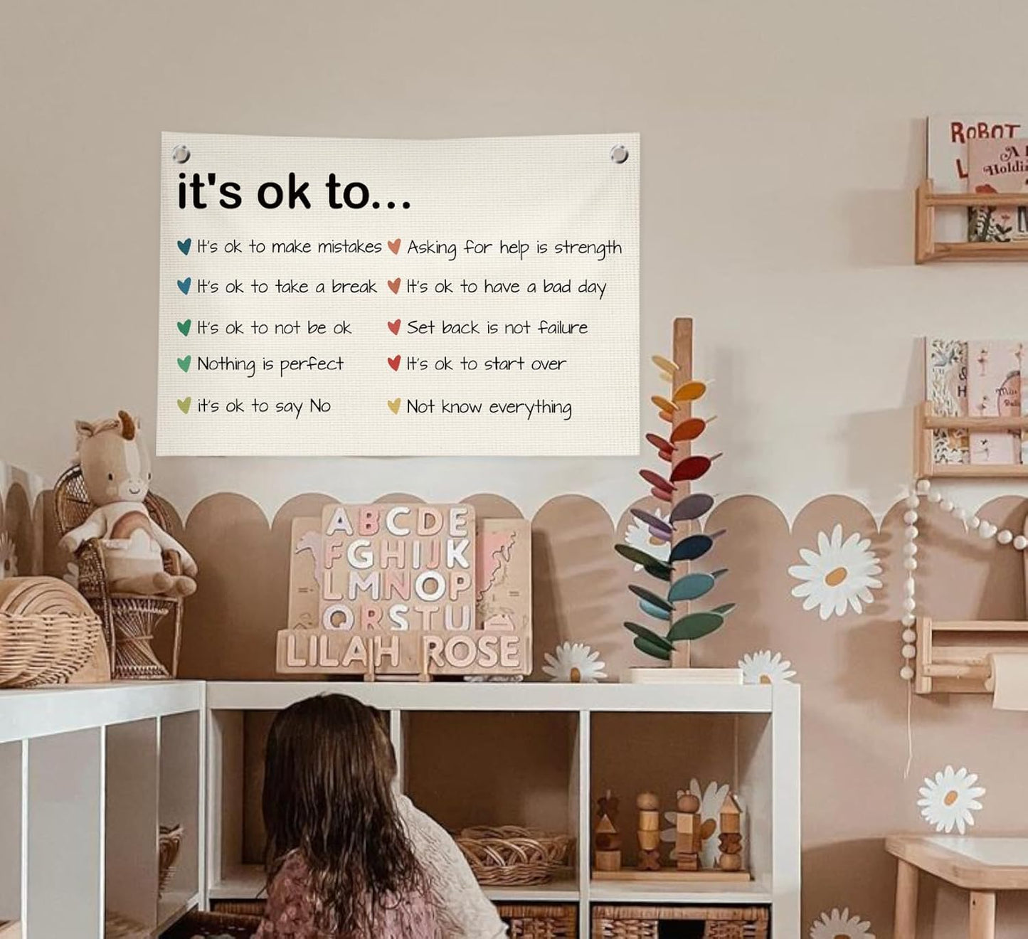 Classroom Wall Decor,Mental Health Canvas Banner Flags,Positive Affirmations Wall Decor for Homeschool Classroom Preschool Nursery Kids Room,30x20 Inch