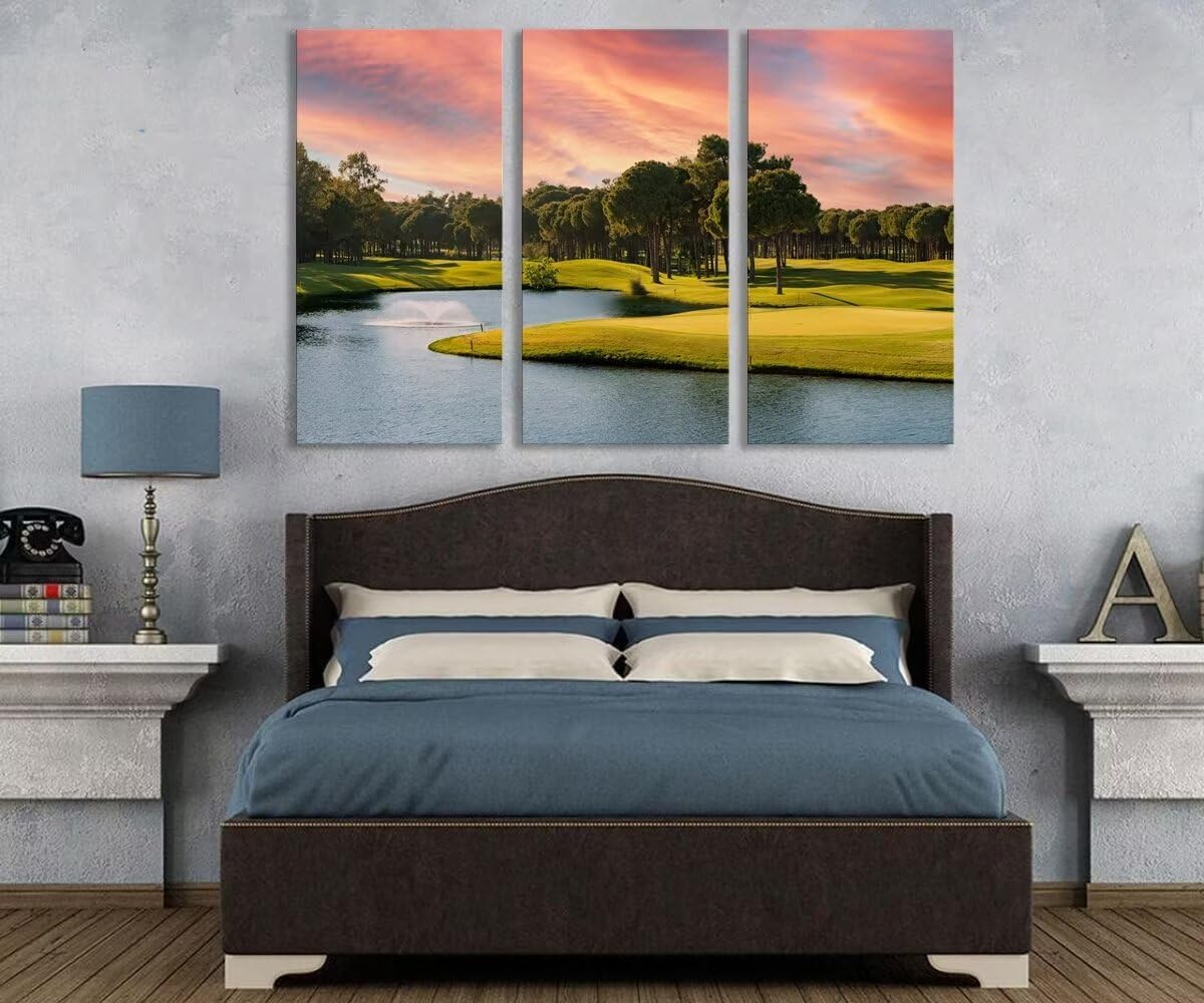 Sunset Golf Course Canvas Wall Art for Living Room Bedroom Bathroom Home Decorations Golf Wall Decor for Office Framed Artwork Canvas Prints Ready to Hang(20''W x 40''H x3)