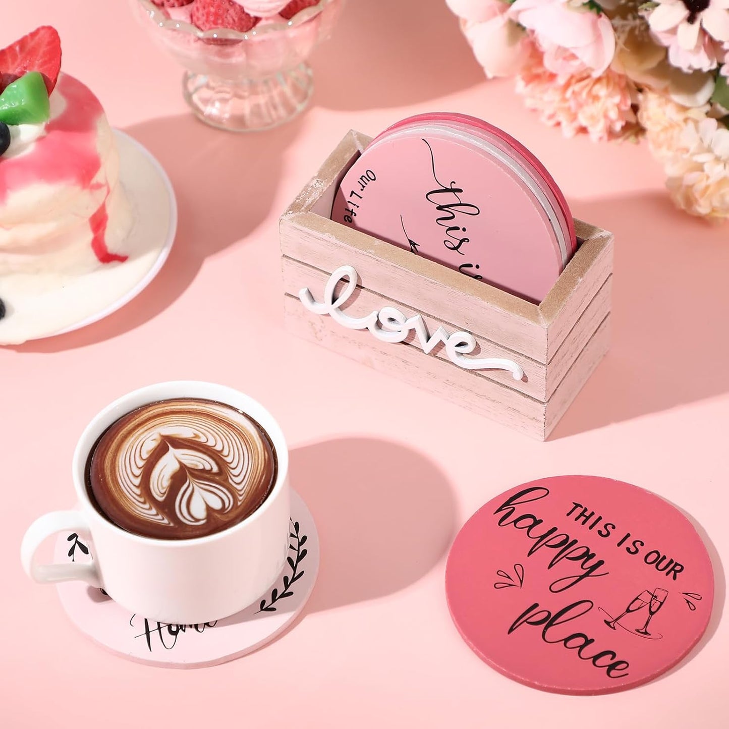 Queekay Housewarming Gifts for Home Decoration Wooden Heart Coasters for Drinks 6 Set Farmhouse Coasters with Holder Funny for Family Coffee Table Protection, 4''(Pink)