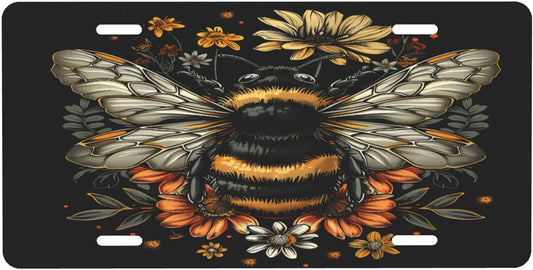 Front License Plate for Car Designs Insect Bee Flower Stainless License Plate Cover Holder for Men Women Metal Aluminum Decorative Accessory Vanity Tag Standard 6 X 12 inch (4 Holes)