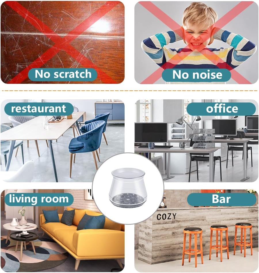 24 Pcs Chair Leg Floor Protectors Round, Silicone Felt Furniture Leg Pads Caps Covers for Hardwood Floors (Fit 15/16" to 1-5/16")