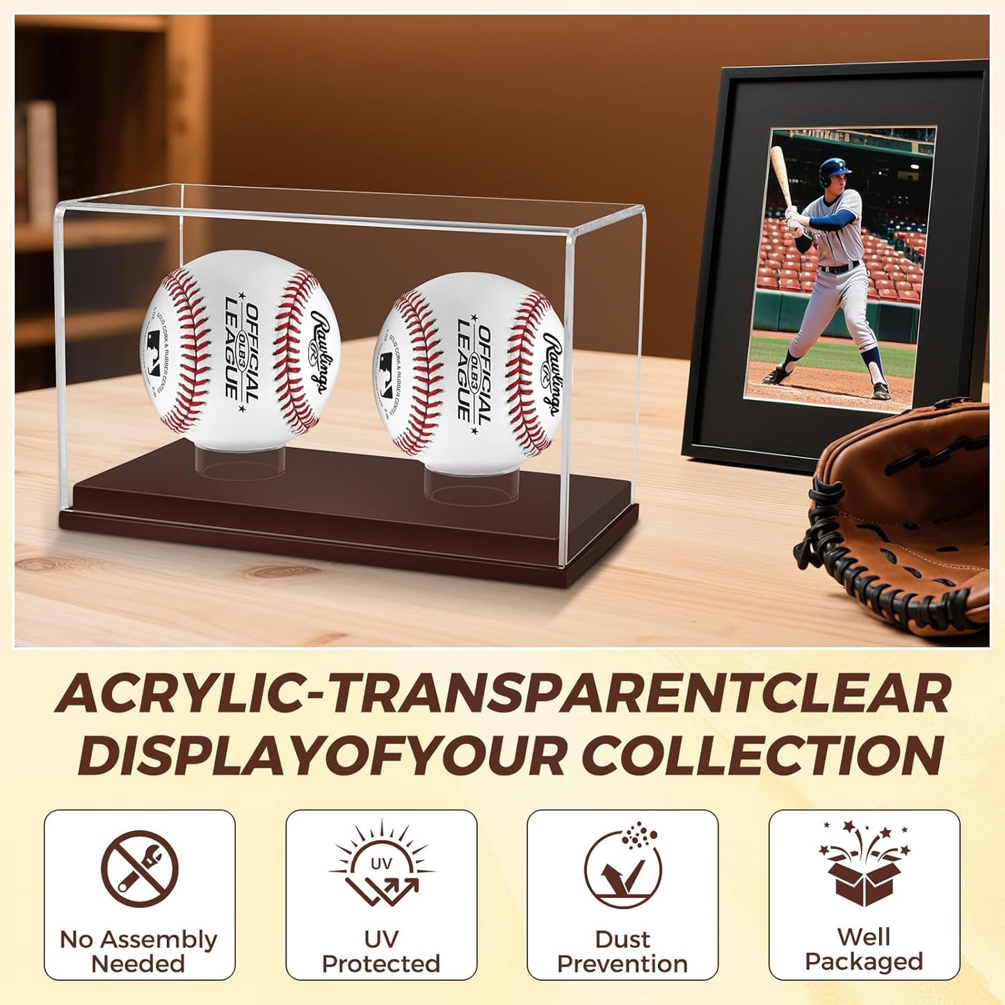 Baseball Display Case, UV Protected Clear Acrylic Cube Golf Ball Display Holder, Autograph Stand and Memorabilia Showcase Box for Two Ball, Brown Wooden Base