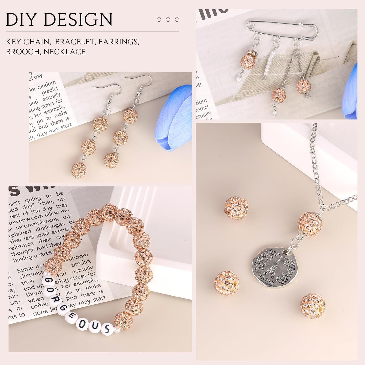 100 pcs 10mm Rhinestone Beads for Jewelry Making, Light Peach Shiny Round Shamballa Disco Beads Bulk, Sparkle Crystal Clay Christmas for Bracelet Baseball Necklace Earring Crafting and DIY