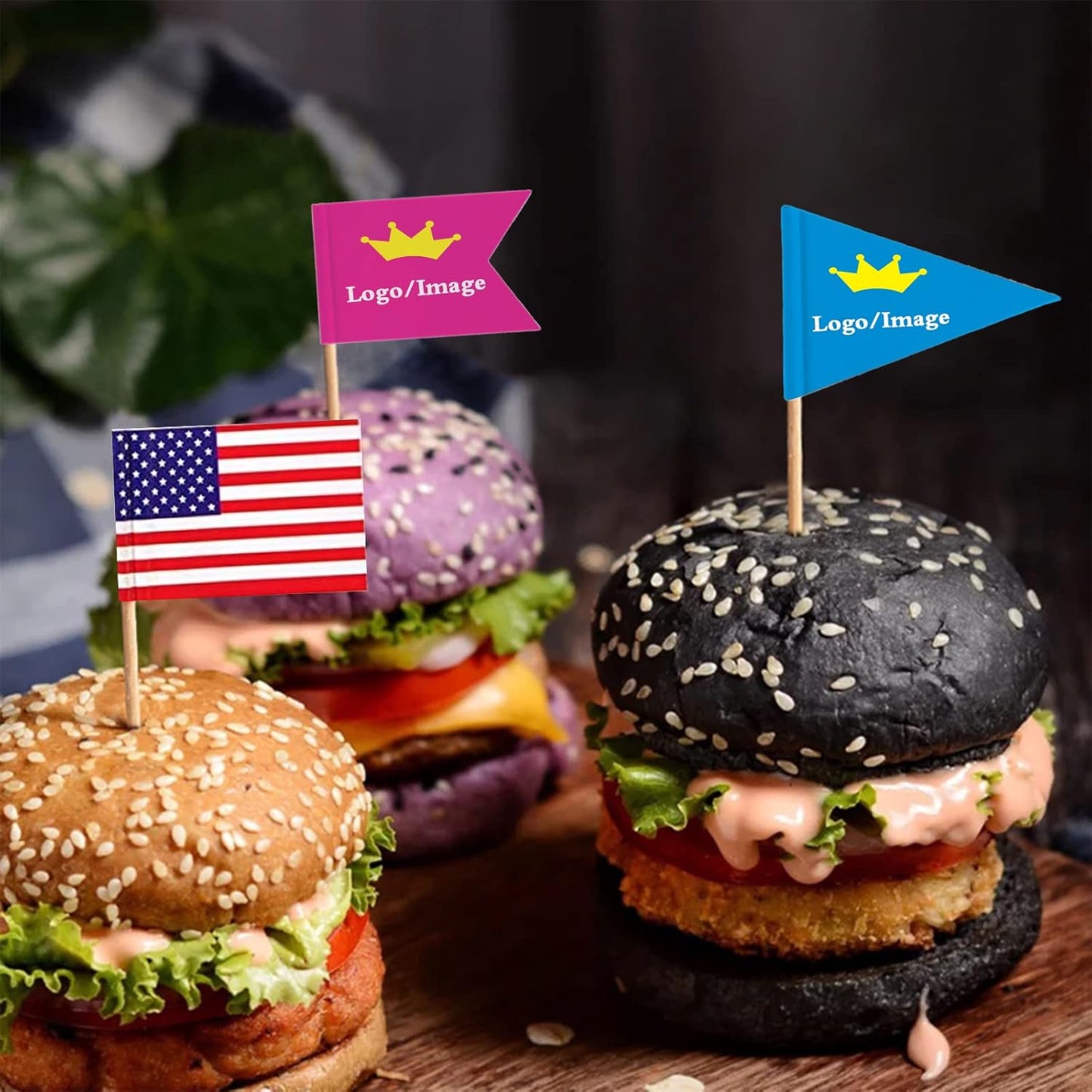 Custom Toothpick Flags with Logo/Photo 100Pcs, Personalized Cheese Markers for Hamburger Cupcakes Toppers Party Decoration Food Labeling -Triangular