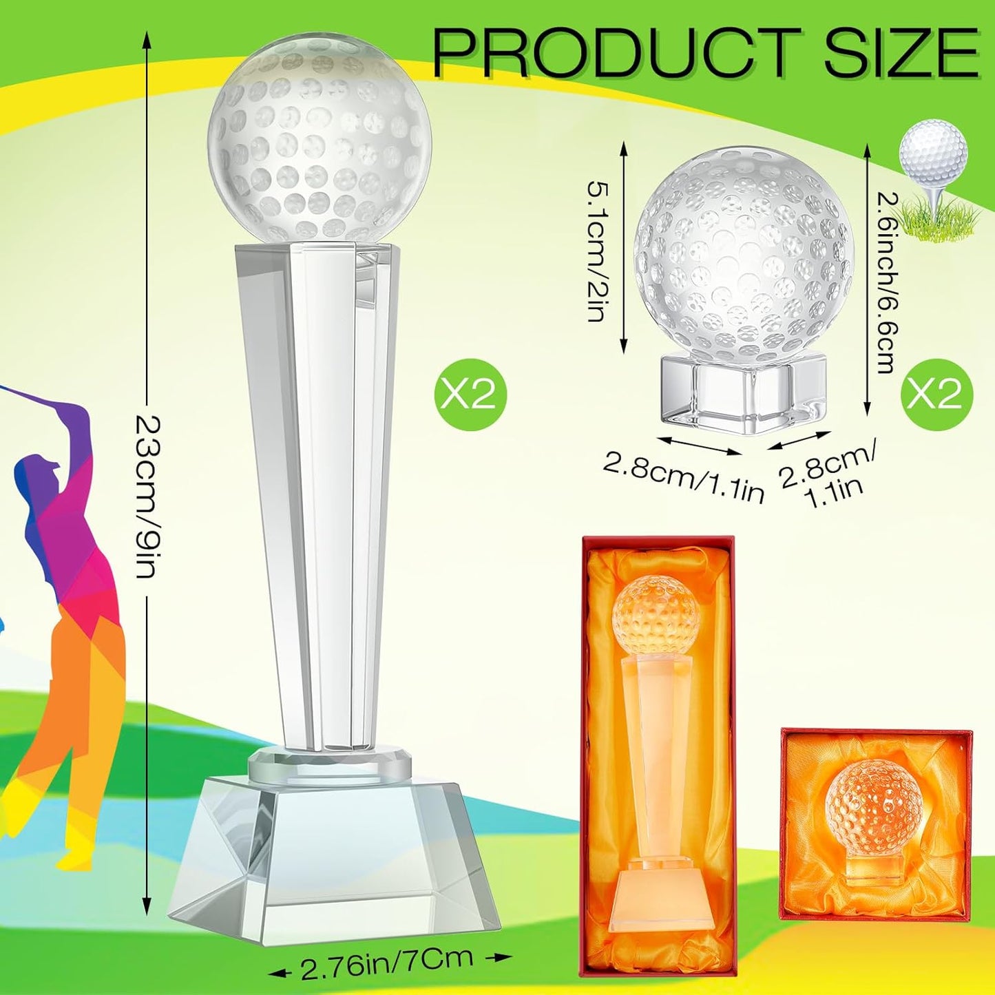 Libima 4 Pcs Golf Trophy 2 x 2.6 Inch Crystal Glass Trophy Award with Display Stand Base and Elegant Gift Box 9.1 x 2.8 Inch Golf Tournament Prizes Golf Ball Statue for Adults Sports Table Decor