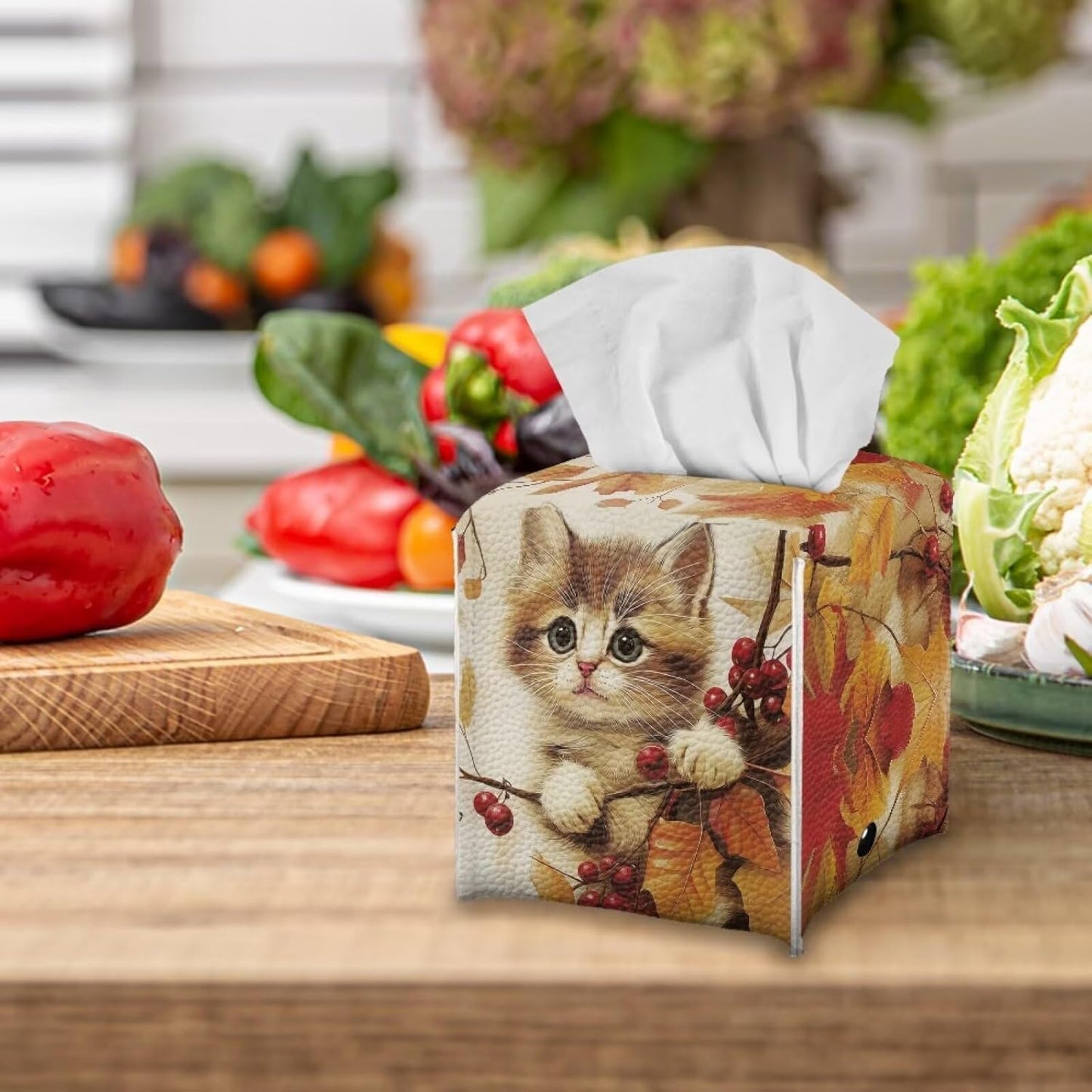 Cute Cat Tissue Box Cover Cube Leather Tissue Box Holder Thanksgiving Facial Paper Organizer 5x5x5 inch Mordern Home Decor Accessories Fall Leaf Print