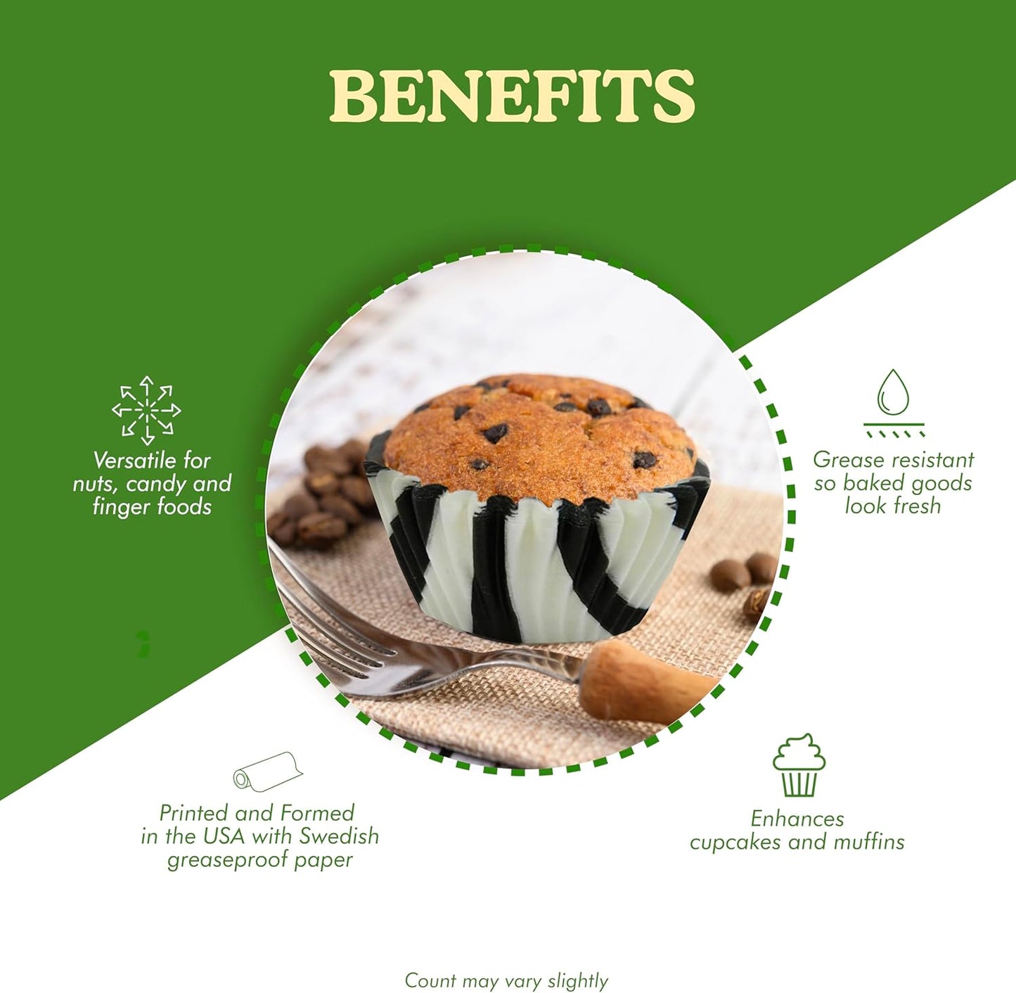 Regency Wraps Greaseproof Professional Grade Baking Cups, Pack of 40, Standard Liners, Black/White Zebra, for Cupcakes, Muffins, Candy, Non Stick