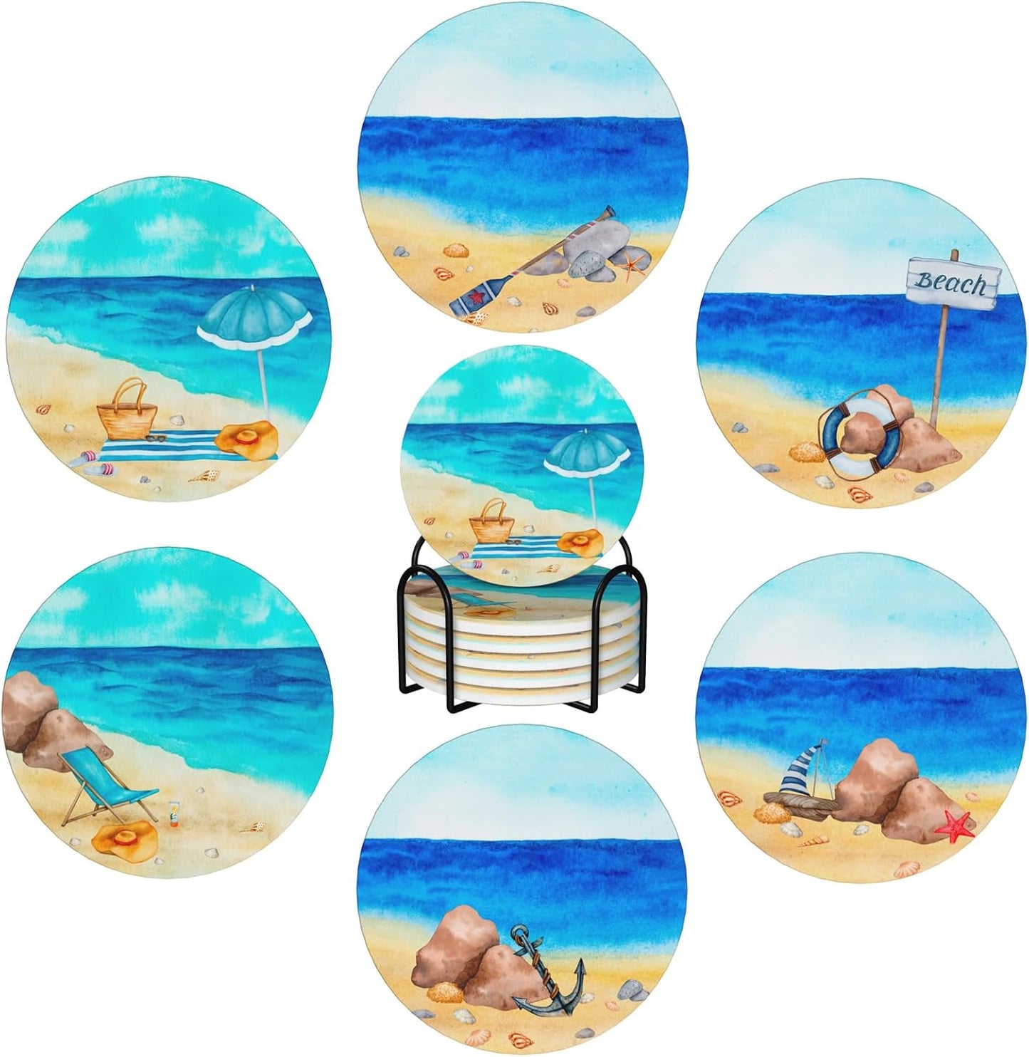 Summer Coastal Beach Theme Absorbent Drink Coasters with Holder, Set of 6 Ceramic Ocean Coasters with Cork Base for Table Decor