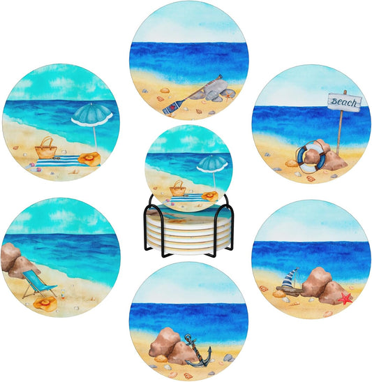 Summer Coastal Beach Theme Absorbent Drink Coasters with Holder, Set of 6 Ceramic Ocean Coasters with Cork Base for Table Decor