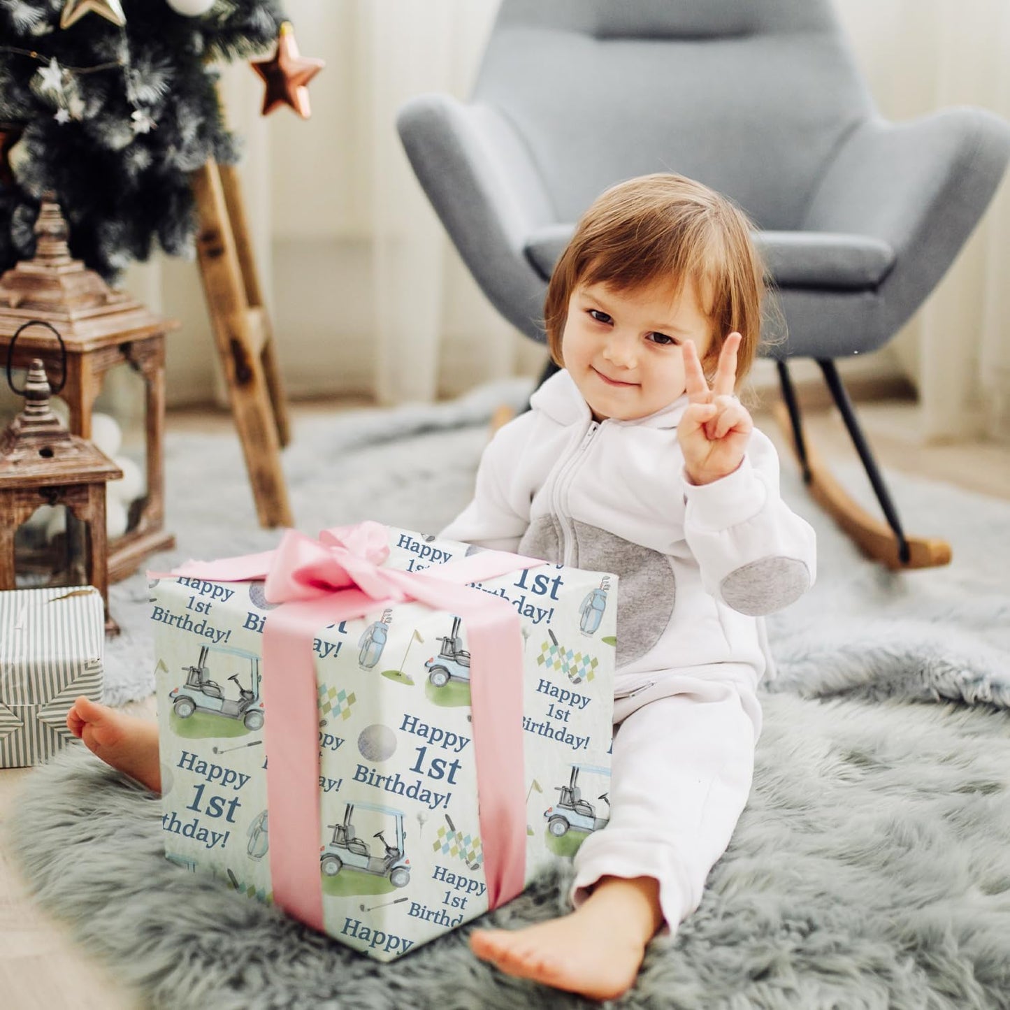 MJSXY Golf Wrapping Paper,Golf Theme Party Supplies,5 Sheets 19.6x27.5 Inch for 1st Birthday with Hole in One Birthday Decorations. Gift Wrap for Baby Boy Girl, Baby Showers Decors