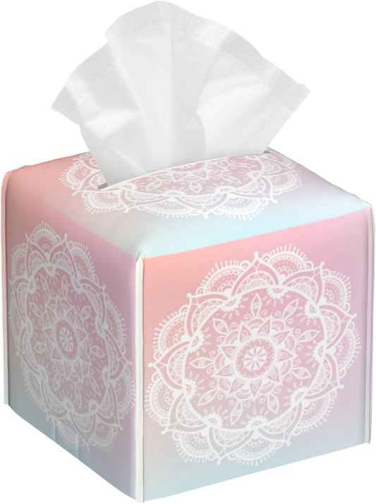 Pink Boho Mandala Flower Tissue Box Cover Square,Abstract Mandala Floral Tissue Box Holder Waterproof Leather Facial Paper Organizer Dispenser for Bathroom Home Car Nightstand Vanity Desk