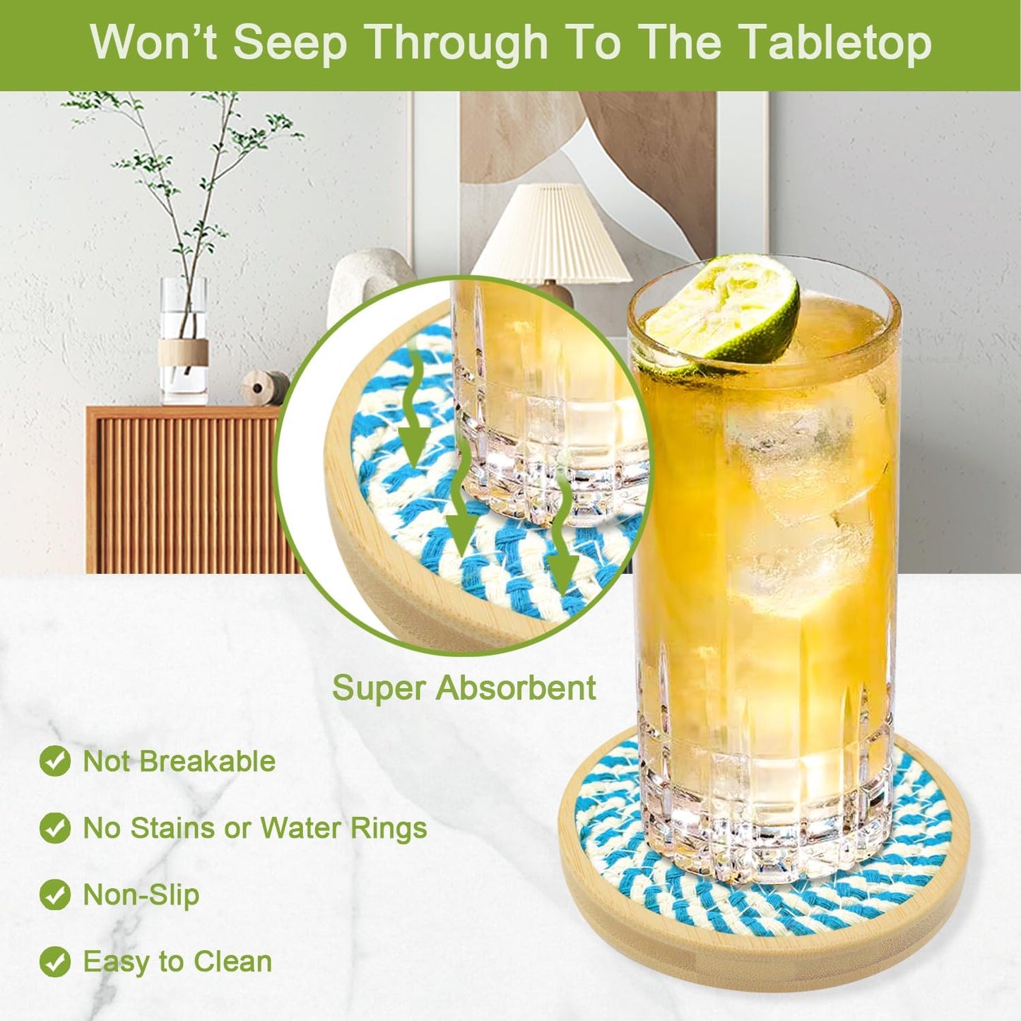 5 Pack Absorbent Coasters for Drinks, 4.3 Inches Cork for Coffee Tables, Wooden Drink Protection, Cute for Kitchen, Farmhouse, Bar, and Office (Blue)