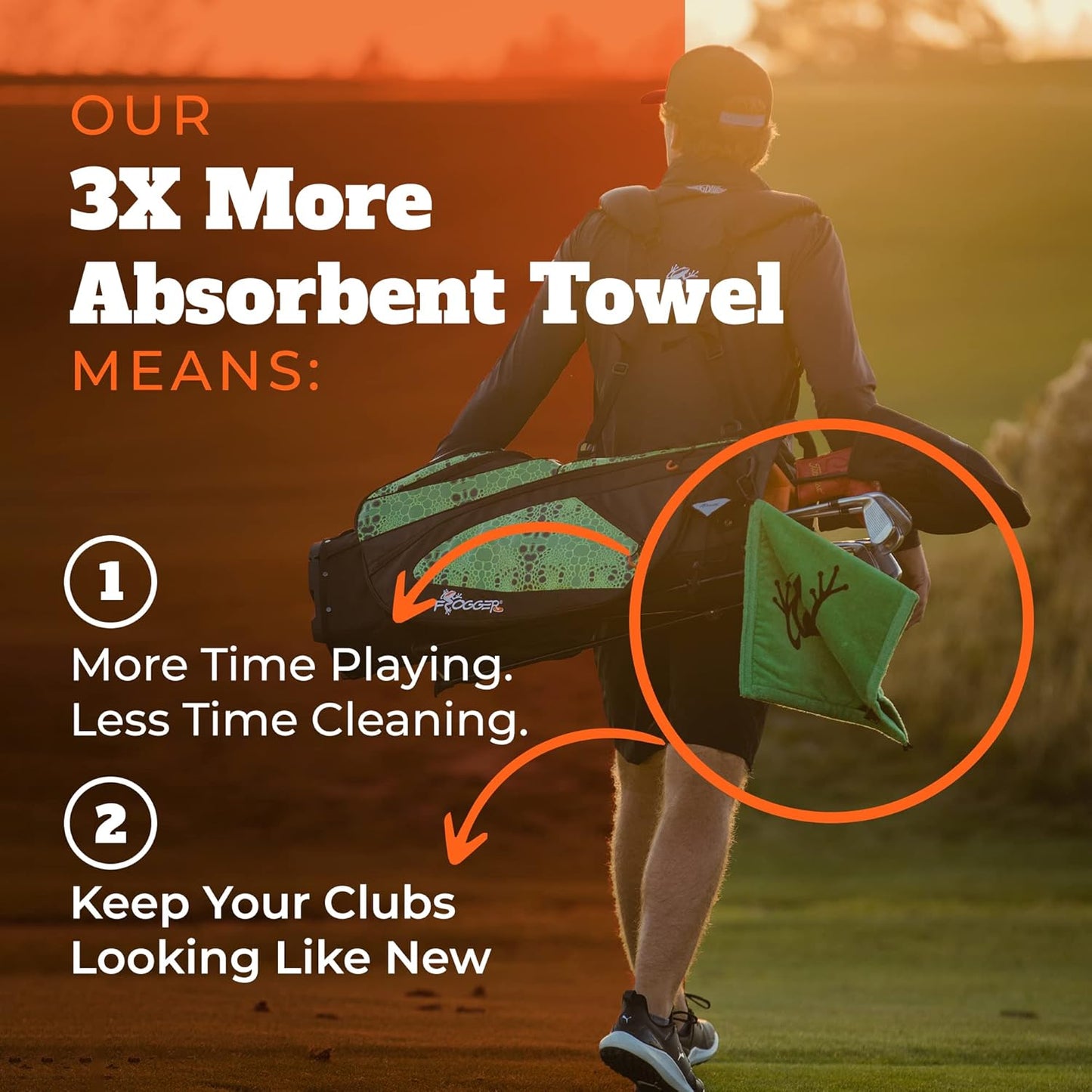Frogger Amphibian 2-in-1 Golf Towel with Wet and Dry Technology, Green, Premium Golf Bag Accessory with Carabiner Clip, Ultra Absorbent, for Golf Dads