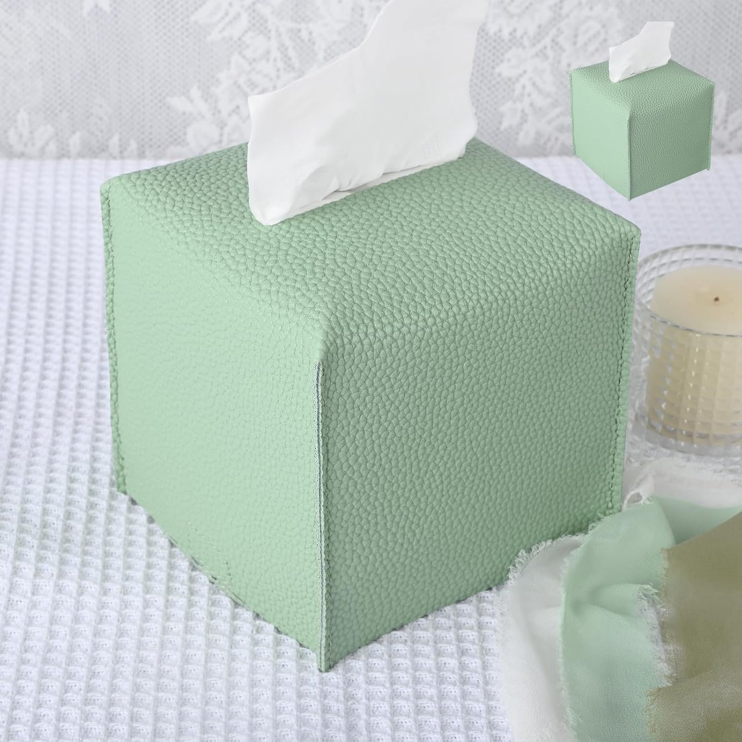 HOMOTEK 2 Pack Tissue Box Cover, Square PU Leather Tissue Holder, Decorative Facial Tissue Cube Paper Organizer Dispenser for Bathroom, Night Stands, Desk, Car 5X5X5'' - Mint Green, Pebble Grain