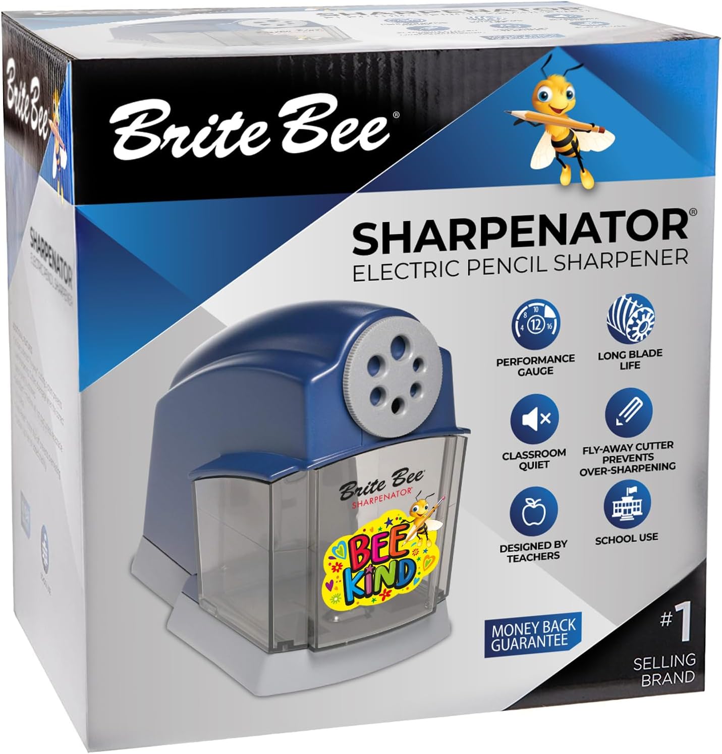 Sharpenator – Heavy Duty Classroom Electric Pencil Sharpener for Teachers & Students – Quiet Motor, Auto Stop, Large Bin, Helical Blade – Sharpens All Pencil Types (Bee Kind Front)