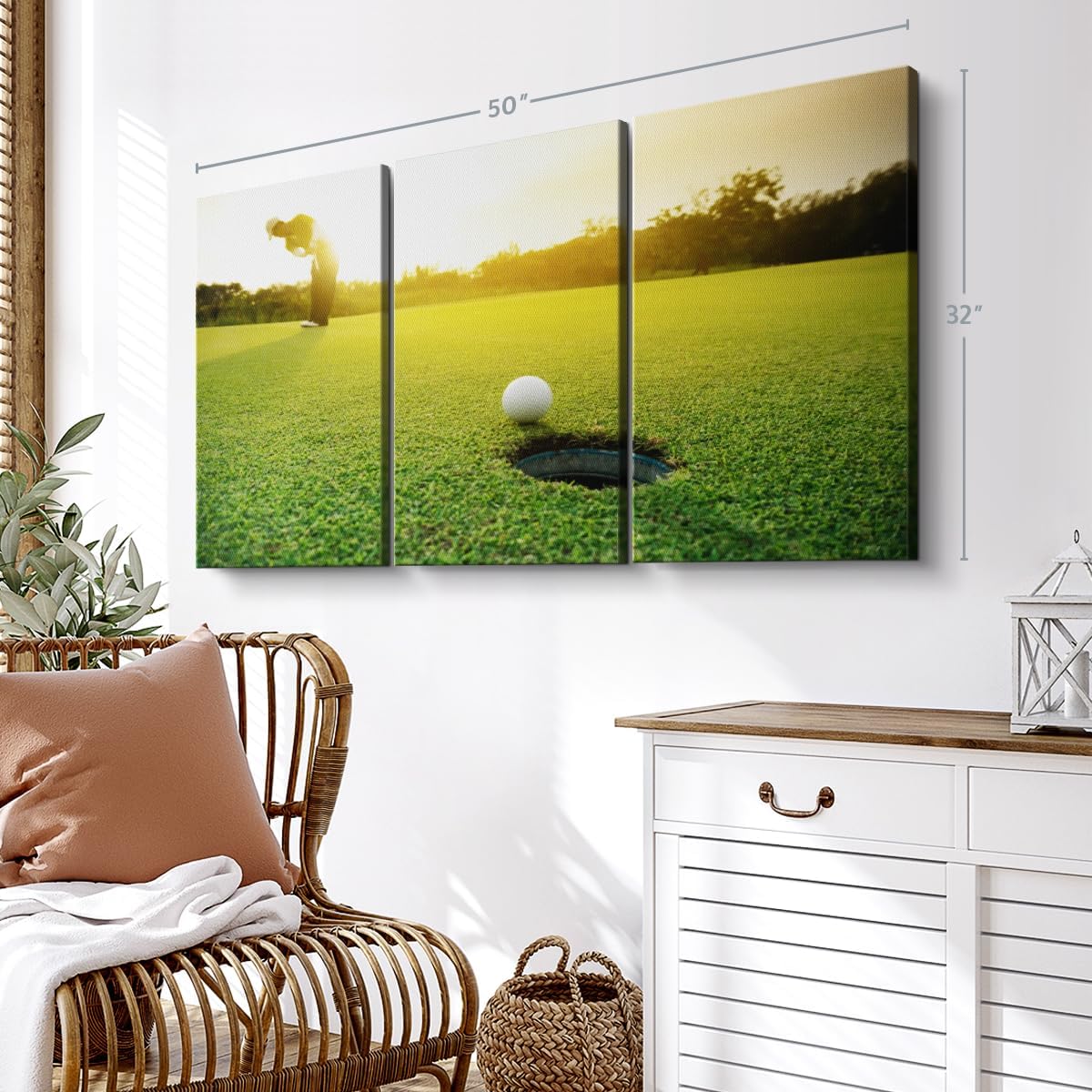 ElephantStock Golf Ball Strike Wall Art - Horizontal Canvas - 3-Piece Living Room Wall Decor - Photography Sports Canvas Print - Green and White Decor for Wall - 50" X 32"