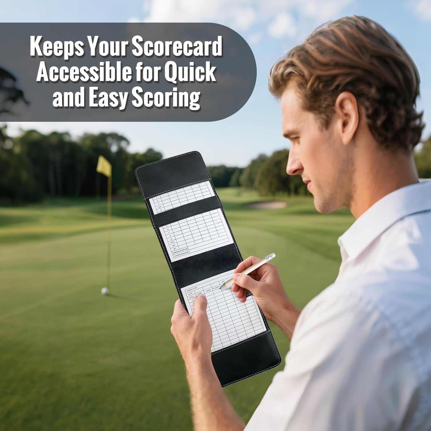 Leather Golf Scorecard Holder: USA Genuine Crazy Horse Leather Golf Yardage Book Cover with 1 Scorecard 1 Pencil Golf Notebook Back Pocket Cool Golf Gifts for Him Golfers Men