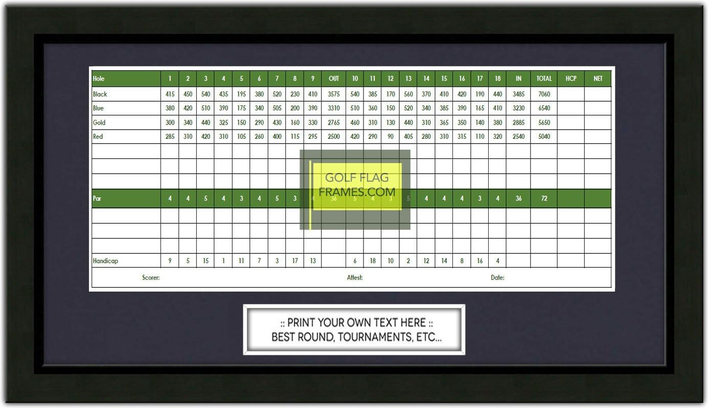 Custom Size Golf Scorecard Frame; Black Wood Frame 416, You choose Scorecard Size and Mat Color; scorecard and verbiage not included (Scorecard Size 4.5x12, Mat Color True Navy)