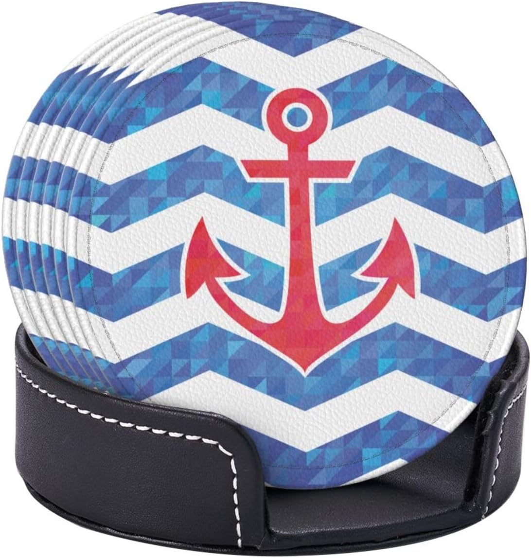 Nautical Anchor Red Blue Coasters for Drinks Round Leather Coaster with Holder Set of 6 for Tabletop Protection Desk Accessories Office Home Room Decor