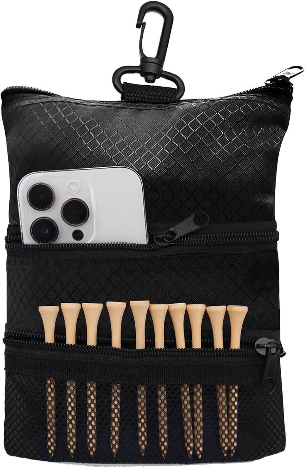 Golf Bag Accessories Valuables Pouch Bags Multi Pocket Zipper Hook with 10 Pcs Wood Golf Tees for Men Women