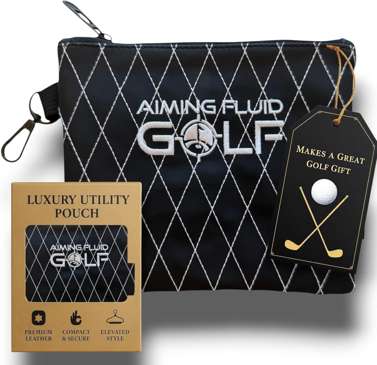 Premium Leather Golf/Travel Valuables Pouch – Luxury Zippered Utility Bag I Diamond Stitching I 360° Swivel Clip I Soft Interior for Golf Accessories & Travel Essentials (Black)