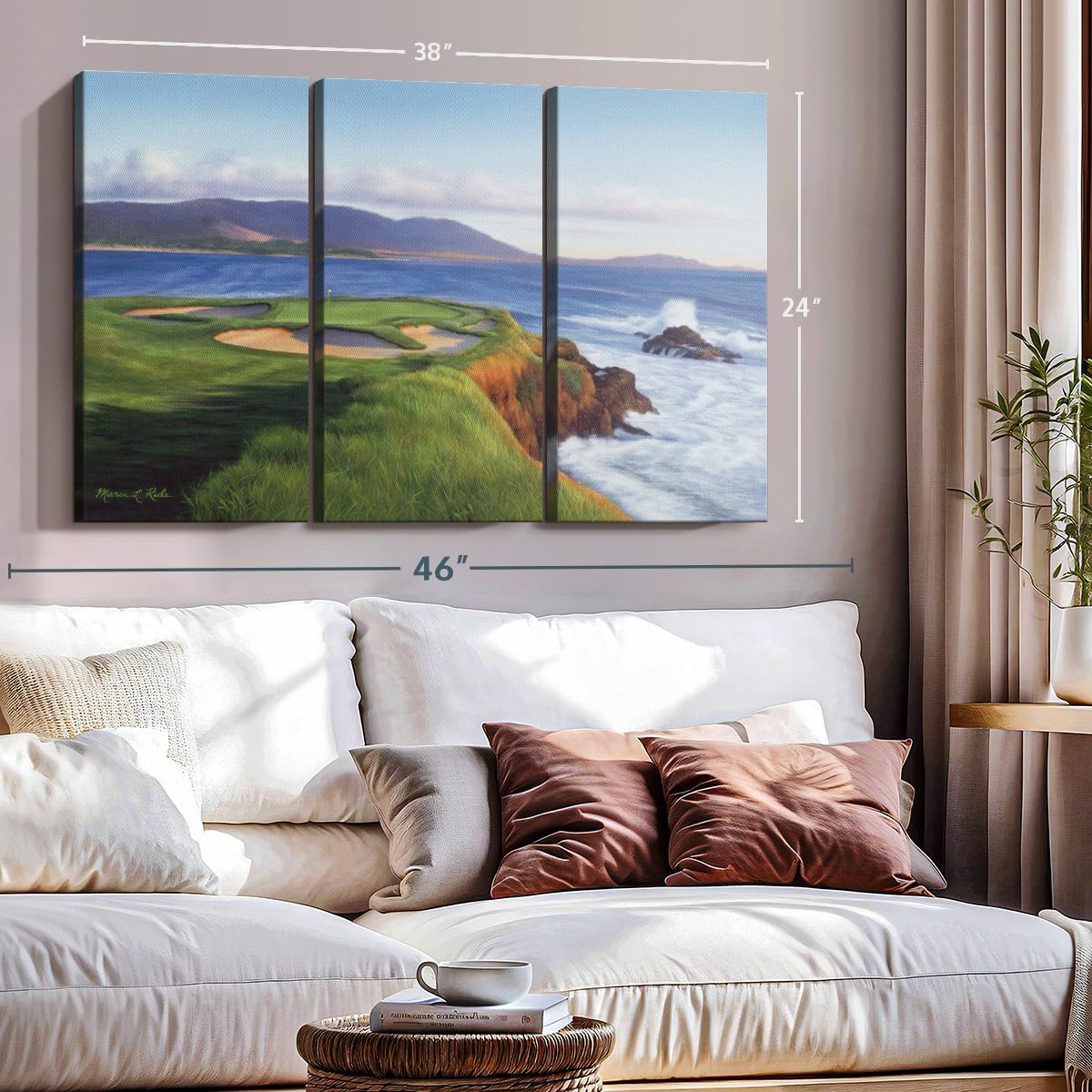 ElephantStock Pebble Beach 7th Hole Wall Art - Horizontal Canvas - 3-Piece Living Room Wall Decor - Painting Sports Canvas Print - Green and Blue Decor for Wall by Marci Rule - 38" X 24"
