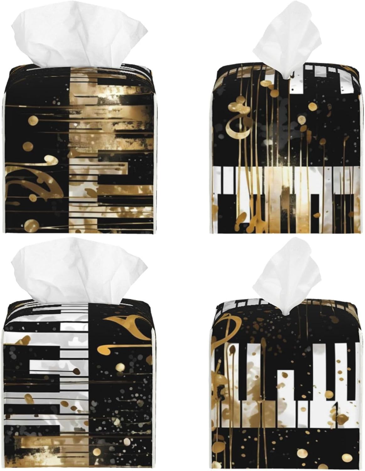 Tissue Box Cover Golden Music Notes Piano Keys Square PU Leather Tissue Box Holder for Car Bathroom Bedroom Desk Tabletop Decor
