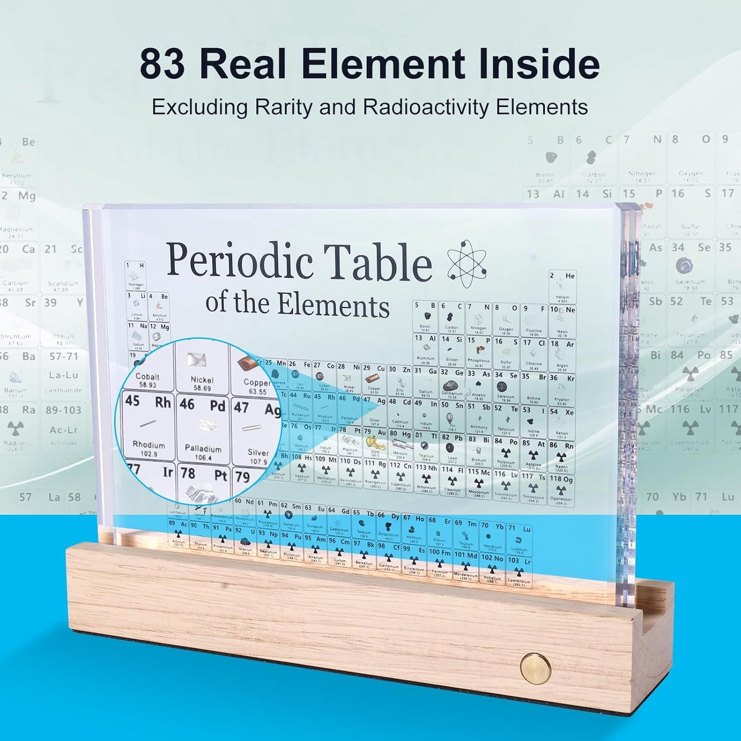 Rafecs Periodic Table with Real Elements Inside, Large Acrylic Periodic Table with Cordless LED Wooden Stand and Magnifier, Chemistry Gifts for Students, Kids, Teacher and Science Lovers