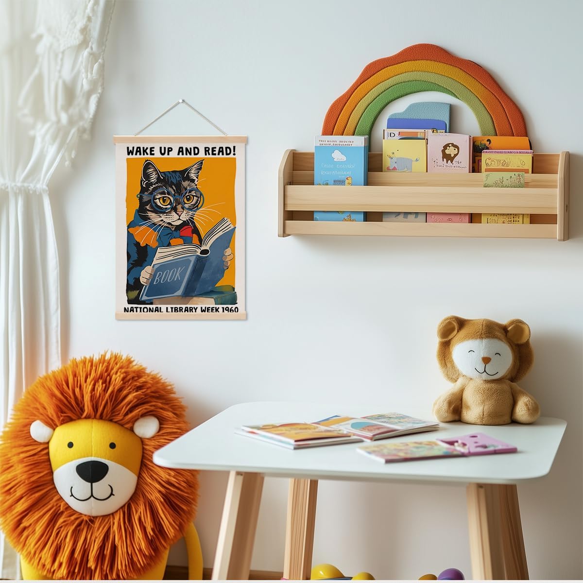 Funny Reading Cat Poster Hanger, Reading Nook Library Decor Wall Decor, Educational Posters Wall Art Wall Hanging Banner Farmhouse Classroom Bedroom Reading Room Apartment Home Decor