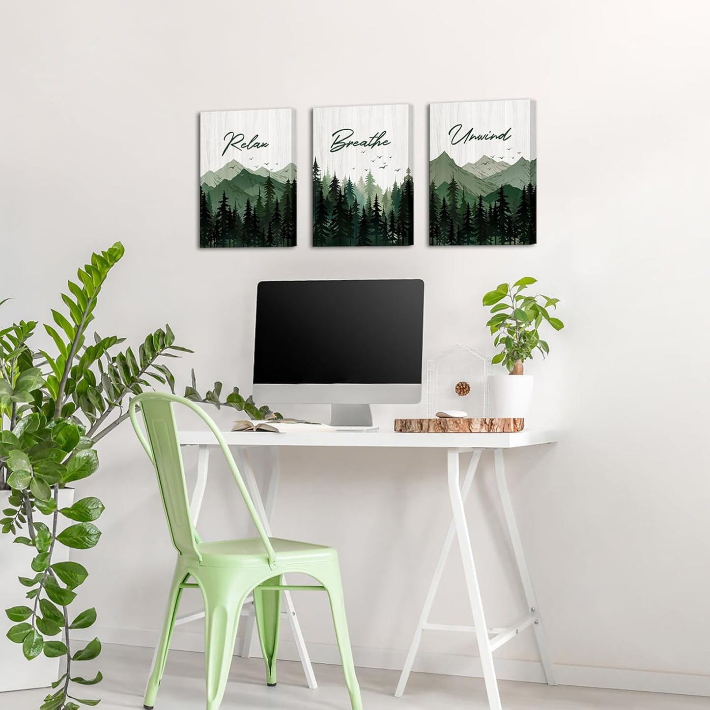 Saypeacher Green Bathroom Wall Art Misty Forest Pictures Relax Breathe Unwind Sign Wall Decor Watercolor Pictures for Bathroom Prints