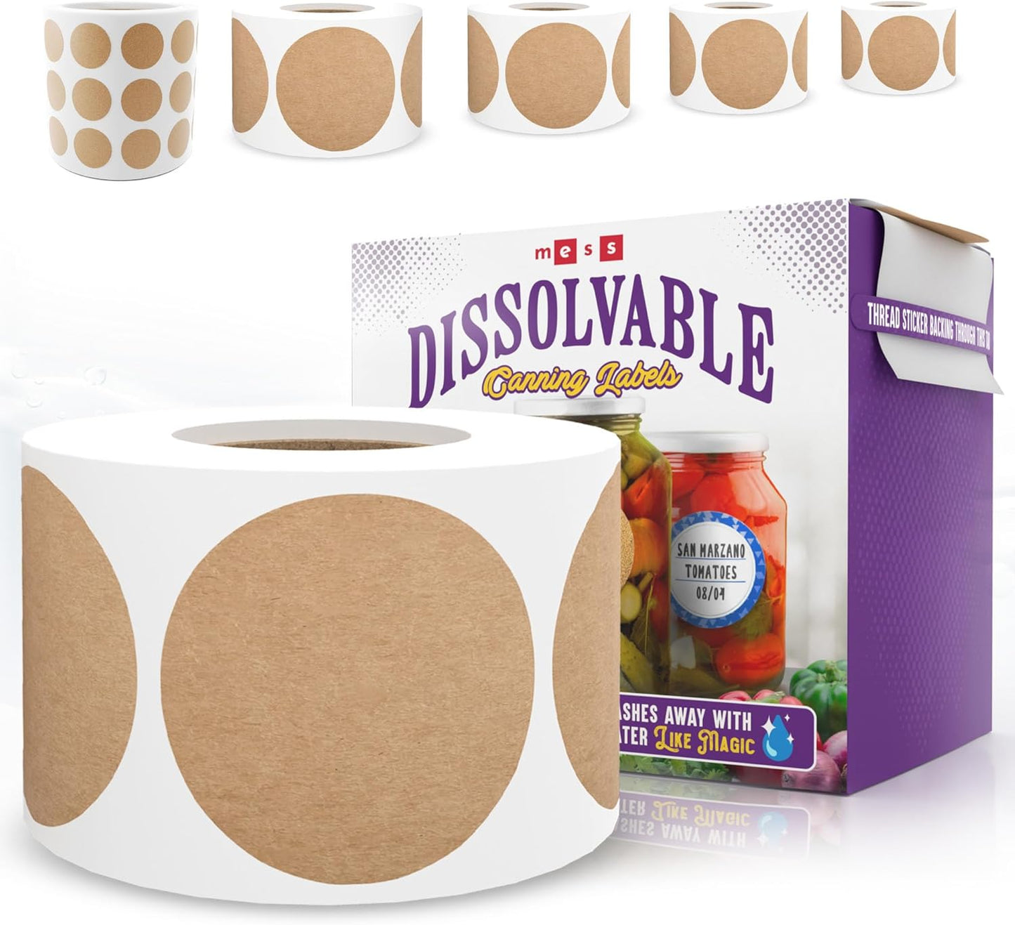 MESS Dissolvable Canning Labels – 200 Kraft 2.5" Removable Mason Jar Stickers for Jars, Containers, Homemade Jam, and Food Storage