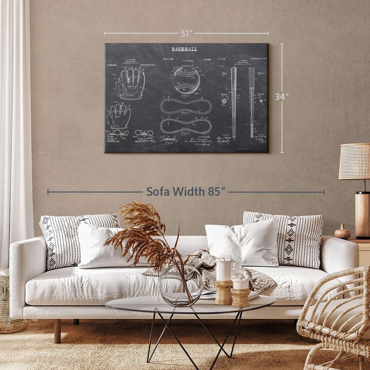 ElephantStock Baseball Patents Canvas - 1 Panel Sports Patent Wall Art Decor - Sports Decorations for Boys Room - Wall Art and Office Decor - 51" X 34"